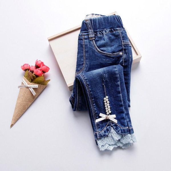 

spring and autumn girls denim trousers korean fashion lace middle-aged children elastic mid-waist slim pants jeans, Blue