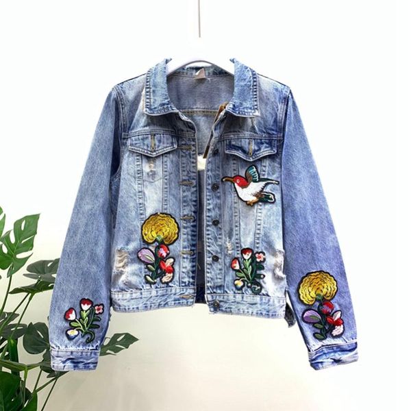 

women's jackets sexemara fashion the beading embroidery washed hole denim jacket, Black;brown
