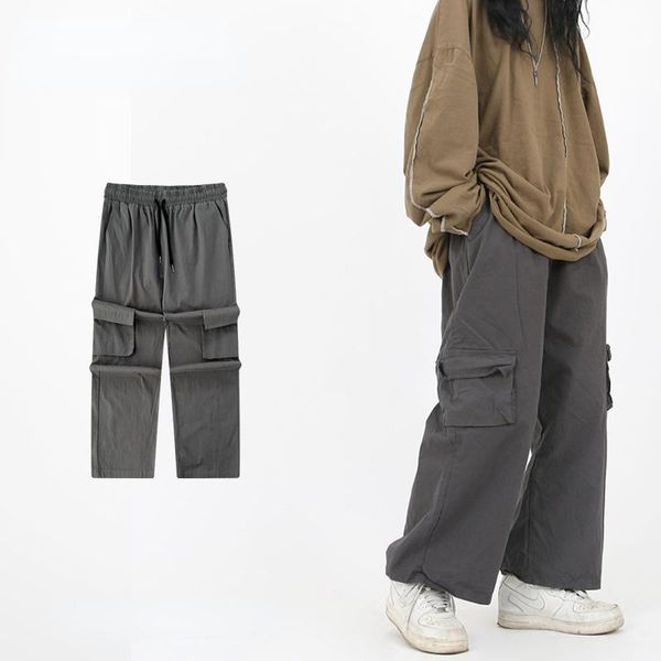 

men's pants for men women overalls spring autumn loose straight multi-pocket draped wide-leg male casual trousers streetwear, Black