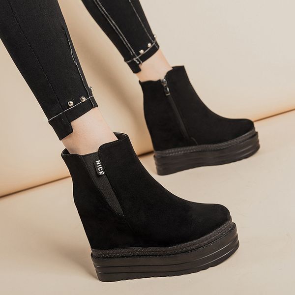 

dress shoes fall lame heel platform fashion boots women's zipper round toe increased ankle ladies nightclub hcb8, Black