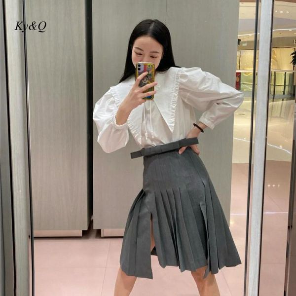 

skirts runway fashion 2-piece set wooden ear edge lapel shirt + bow pleated skirt women sweet elegant irregular slit, Black