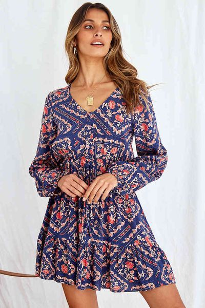 

women's dresses 2021 autumn long sleeve v-ne y-print floral gathered waist lotus leaf hem, Black;gray