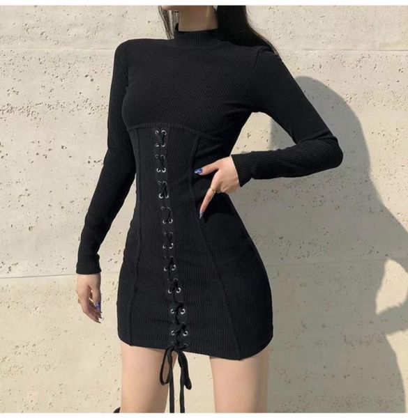 

casual dresses 2021 tie up bandage black knitted bodycon dress autumn basic long sleeve mini ladies skinny winter fashion, Black;gray