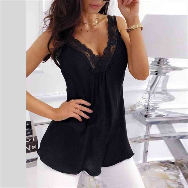 

summer women lace deep v-neck sleeveless spaghetti strap solid t-shirt women clothing womenswear backless, White