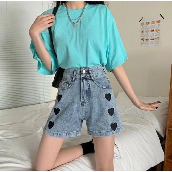 

women's shorts korean fashion high waist denim female japanese streetwear heart embroidery jeans women summer harajuku casual, White;black