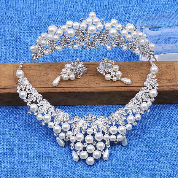 

jewelry set palace style alloy silver plated pearl crown necklace earrings three piece suit bridal headdress semi-circular, Slivery;golden