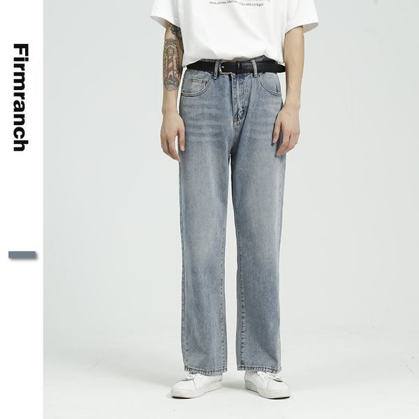 Firmranch Весна / Летние Мужчины / Женщины Ретро 90-х годов прямые джинсовые штаны ноги Все-матч светло-синий делает старые усы свободные джинсы