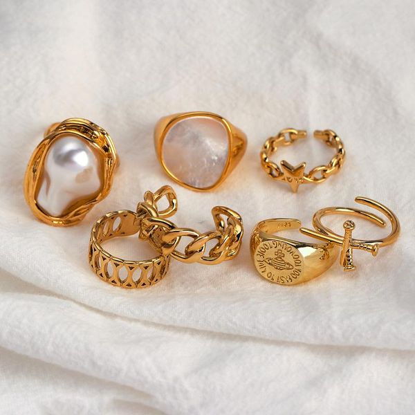

cluster rings aensoa hiphop multiple gold color chain for women girls punk geometric simple pearl metal finger 2021 trend jewelry, Golden;silver
