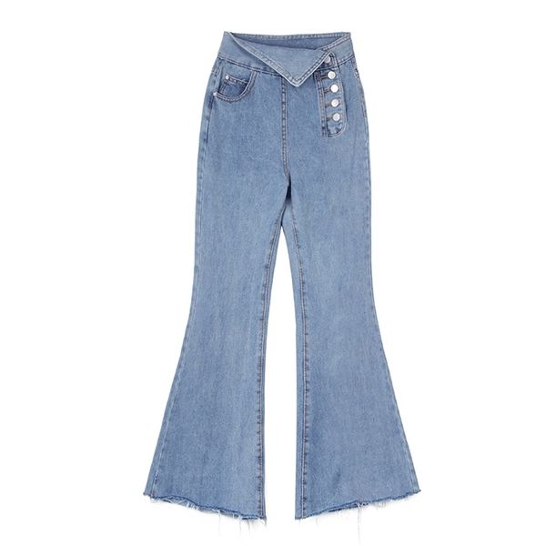 

women denim pants flare button full length casual asymmetrical blue p0036 210514