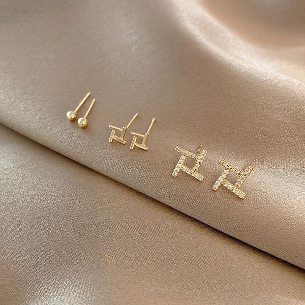 

stud korean earring set geometric gold copper earstud micro zircon jewelry for women luxurious wedding earrings, Golden;silver