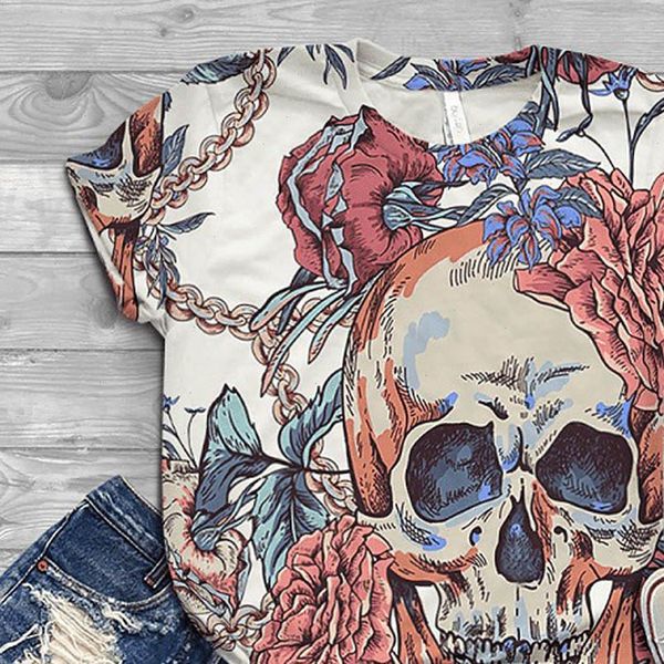 

women shirts plus size oversized shirt summer blouse short sleeve 3d skull printed o neck tee camiseta mujer jsw, White