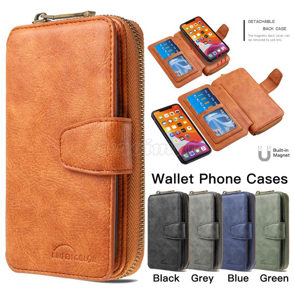 Casos de telefone da carteira para iPhone 12 11 Pro m￡ximo xr xs x 7 8 plus - Skin Feeling PU Leather 2in1 Caso de capa de kickstand multifuncional com bolsa de moeda com z￭per e slots de 10 cartas