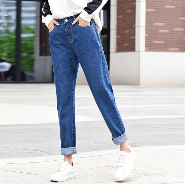 

autumn winter korean women jean high waist denim plus size mujer black white blue loose mom femme