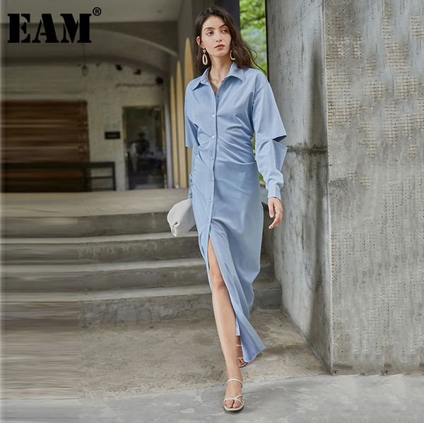 

[eam] women blue irrgular split joint long dress lapel long sleeve loose fit fashion spring autumn 1z468 21512, Black;gray