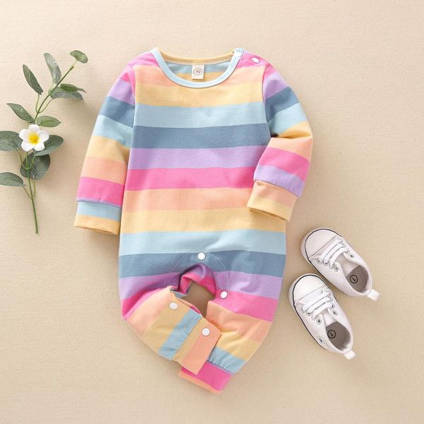 

born baby boy girl rompers cute rainbow striped print long sleeve crew neck one-piece jumpsuit 0-24months jumpsuits, Blue