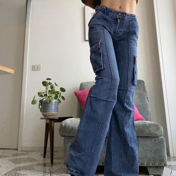 

women's jeans vintage elegant 90s women autumn casual pockets blue denim trousers fashion grunge straight pants capris