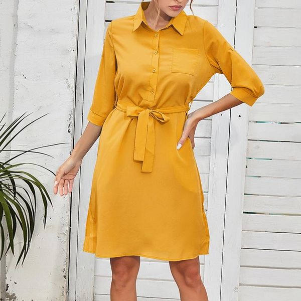 

casual dresses fashion turn-down collar bandage women dress with pocket autumn three quarter sleeve female, Black;gray