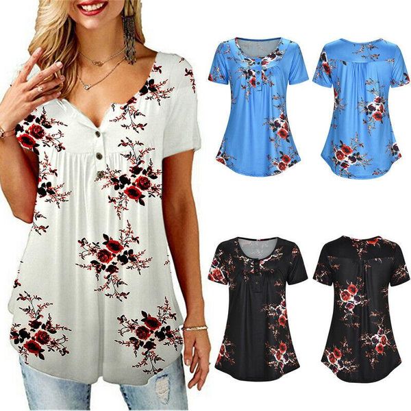 

women's t-shirt women summer casual short sleeve o-neck ladies boho button loose floral print t-shirts pullover, White