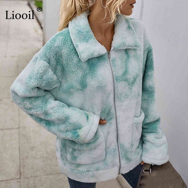 

jacket tie dye plush cardigan female coat women clothing outerwear fall winter long sleeve zip up print coats with pockets rcd7, Black;brown