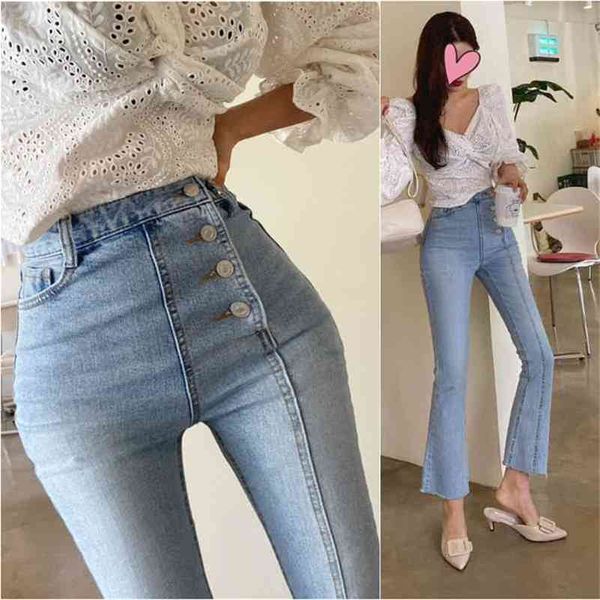

autumn high street skinny flare jeans pants for women casual high waist irregular buttons ladies denim jeans 210322, Blue
