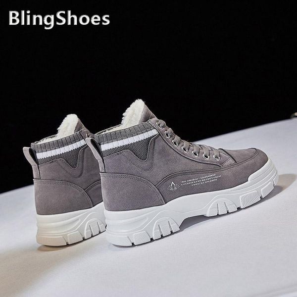 

boots 2021winter women famale warm plush lace-up ankle mid-heel platform women's shoes solid color casual, Black