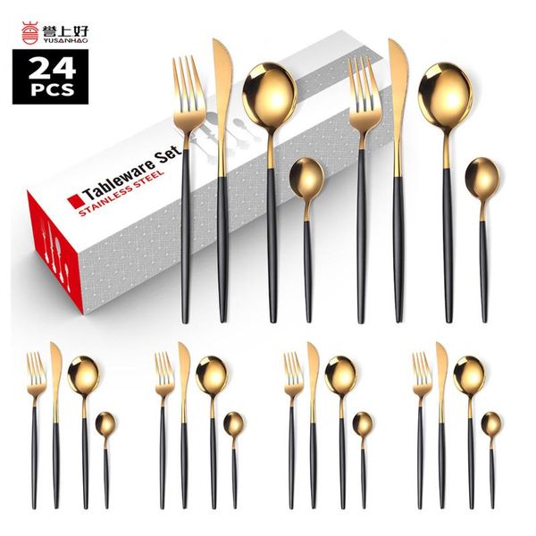 

24pcs/set gold dinnerware set black dinner knife fork spoon cutlery 18/10 stainless steel kitchen tableware silverware sets