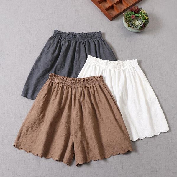 

women's shorts sweet summer japanese embroidery loose cotton solid color, White;black