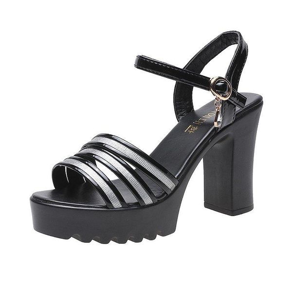 

platform sandals heel shoes woman summer open head high heels ladies party rhinestone dress, Black