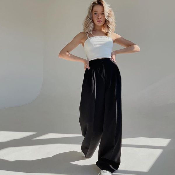 

women's pants & capris autumn women loose solid color high waist wide leg, Black;white