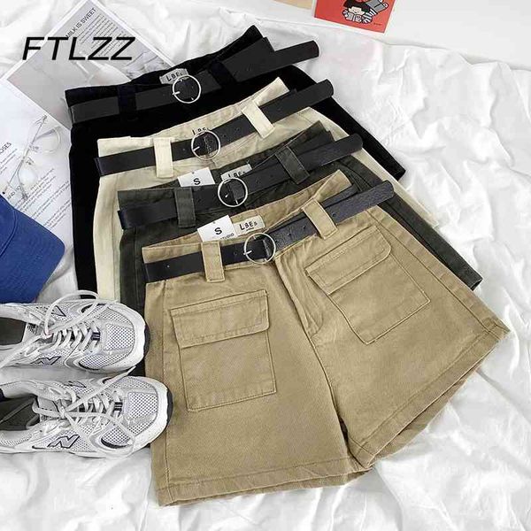 

women shorts summer high waisted big pocket streetwear pants woman casual bottoms 210602, White;black