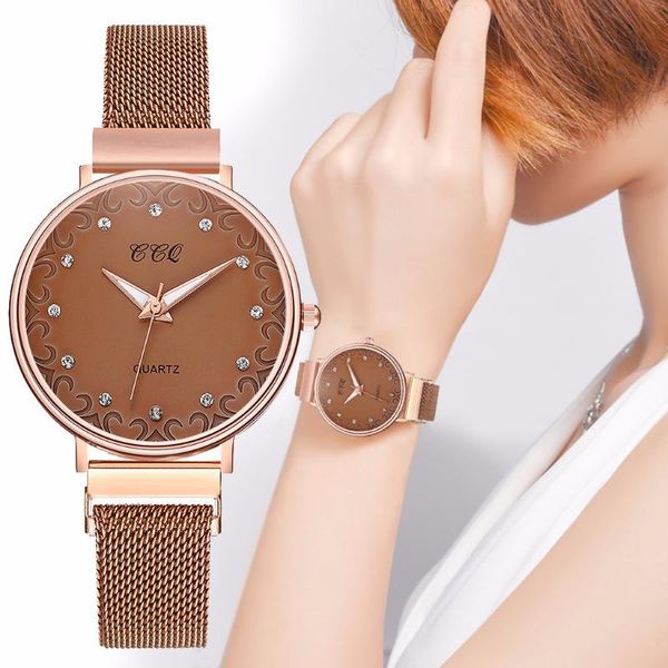 

wristwatches women magnet buckle diamond watch luxury ladies stainless steel quartz ccq clock relogio feminino, Slivery;brown