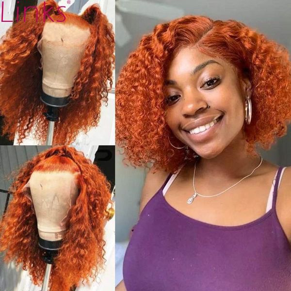 

lace wigs links orange ginger color curly short bob wig ombre straight 13x4 front deep wave human hair 5x5 closure, Black;brown