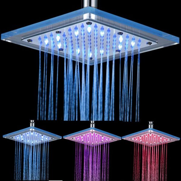 

acrylic square spray shower head temperature control three color luminous 8 inch large showers water bathroom sets