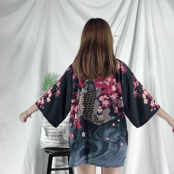 

summer loose open stitch three quarter harujuku women shirts vintage floral print lady kimono 210512, White