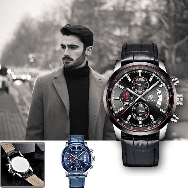 

wristwatches benyar men's watch men 2021 luxury quartz watch/ military / sports fashion waterproof relogio masculino, Slivery;brown
