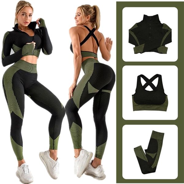 

2/3pcs seamless women's yoga sets workout sportswear women gym clothing set fitness long sleeve high waist leggings sports suits 210802, Gray