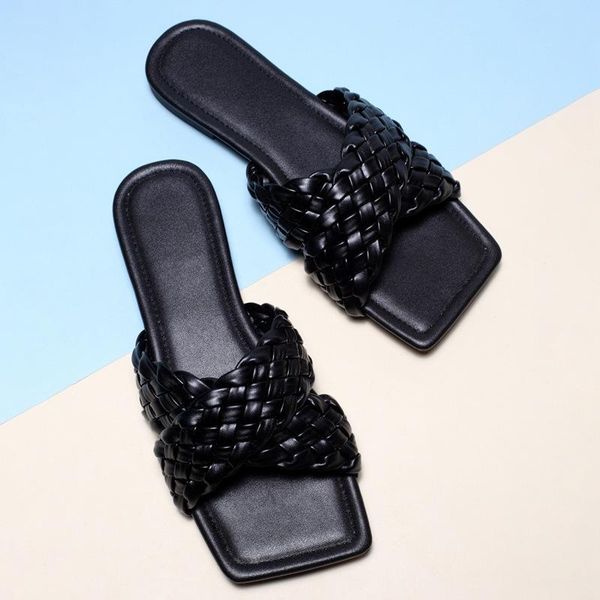 

slippers riveted 2021 square toe flat heel women embroidery diamond slides shoes summer outdoor beach sandal slipper flip flop, Black