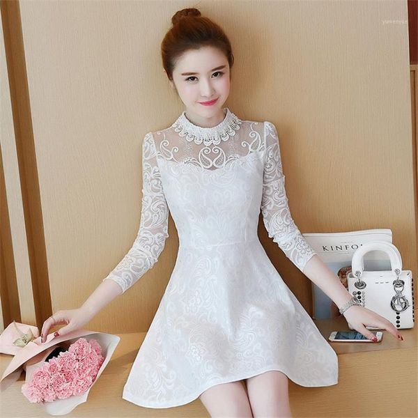 

casual dresses gowyimmes women lace dress lady long sleeve white add vevet hollow out vestidos mini female winter bottomings pd040, Black;gray