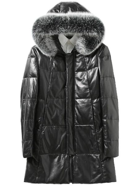 

men's leather & faux sheepskin coat genuine winter duck down jacket men fur collar hooded long 726 kj1448, Black