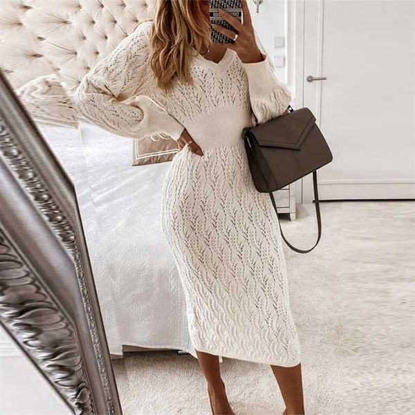 

autumn v-neck office lady knit sweater dress winter elegant lantern sleeve women slim long fashion solid party 211110, Black;gray