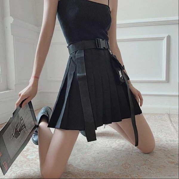 

womens skirts cheerart streetwear black pleated skirt belt embroidery a line high waist women punk rock mini summer