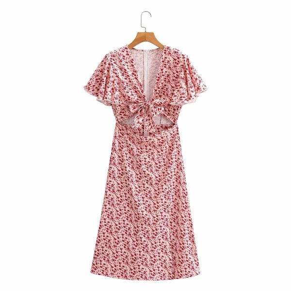 Papillon vintage a maniche corte vestito da donna floreale rosso moda corpo sottile che mostra ombelico abiti femminili chic abiti mujer 210507