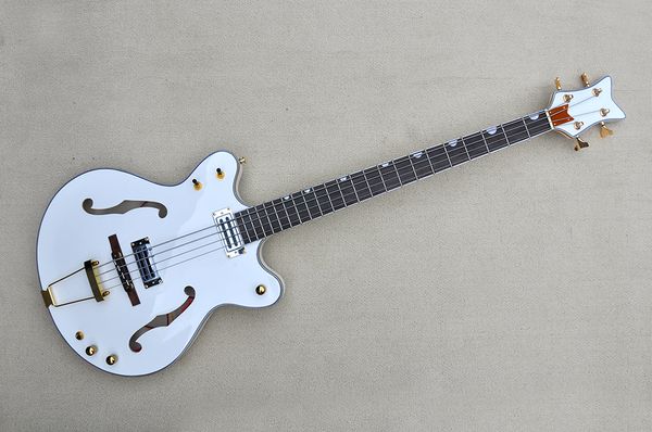 Fábrica Custom White Body 4 Strings Semi-Hollow Bass Guitar com hardware de ouro, fornecer serviços personalizados