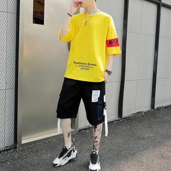 

summer short sleeve t-shirt summer suit a set of casual cloth fashion student men's wear with handsome, Black