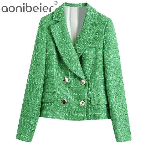 Aonibeier Za Simple Vert Plaid Tweed Costume Ensemble Blazers Ajustés Femme Angleterre Style Poches Pantalon Court Manteaux Urban Outsuits 211019