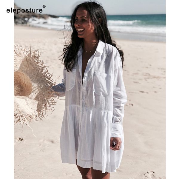Strand vertuschen Bikini Bademode Frauen Kleid Hemd Tuniken Robe de Plage Solid White Wear Badeanzug 210521