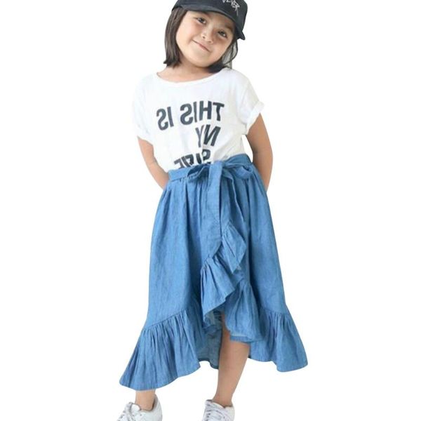

skirts #k03602 girls bow personality irregular denim skirt / 1-8 years old blue