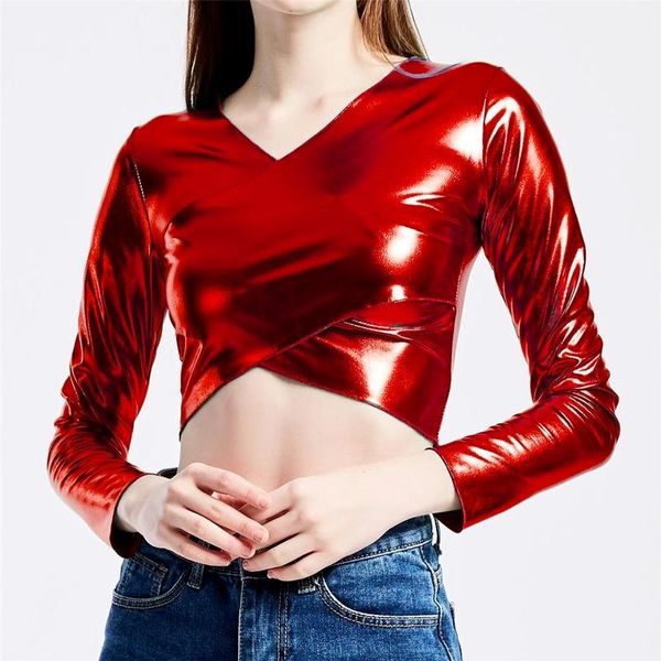 

women's t-shirt women shiny pu leather long sleeve crop t shirt party clothing night stage dance clubwear nightclub womens, White