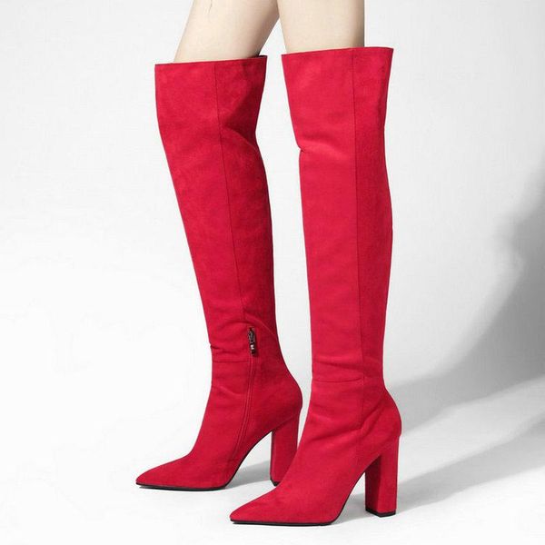 

boots black red gray women over the knee flock thick high heel pointed toe long fashion zipper ladies winter shoes