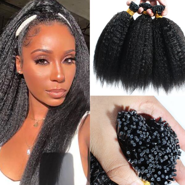 

100 strands kinky straight hairs extensions indian human pre-bonde tip in hair extension for salon natural color, Black